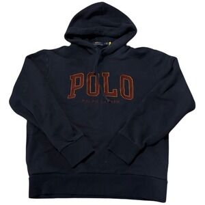 Polo Ralph Lauren Mens Navy Blue Hoodie Velvet Spellout Pullover Medium